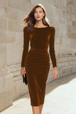 Dark Green Velvet Bodycon Boat Neck Midi Holiday Party Dress with Sleeves