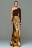 Metallic Red and Gold One Shoulder Mermaid Velvet Long Holiday Party Dress