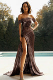 Metallic Golden Off the Shoulder Sheath Prom Dress with Slit