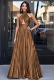 Metallic Gold Halter Keyhole A Line Pleated Long Prom Dress