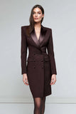 Pencil Short Black Satin Peak Lapel Blazer Dress with Sleeves