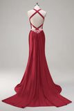 Dark Green Corset Beaded Satin Mermaid Sweep Train Prom Dress
