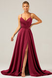 A Line Satin Royal Blue Spaghetti Straps Prom Dress with Slit