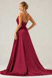A Line Satin Royal Blue Spaghetti Straps Prom Dress with Slit