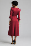 Royal Blue A Line Satin Midi Work Dress with Sleeves