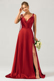 Dark Green A-Line Spaghetti Straps Satin Long Bridesmaid Dress With Slit