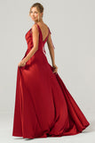 Dark Green A-Line Spaghetti Straps Satin Long Bridesmaid Dress With Slit