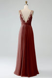 A-Line Pleated Spaghetti Straps Chiffon Bridesmaid Dress With Slit