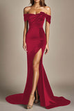 Black Off the Shoulder Mermaid Floor Length Formal Dress with Slit