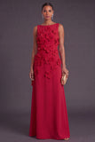 Hot Pink Floral Boat Neck A Line Long Formal Dress