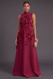 Blue Floral High Neck A Line Long Formal Dress