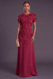 Blue Floral A Line Round Neck Long Formal Dress with Sleeves