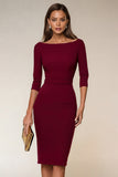 Navy Boat Neck Pencil Midi Work Dress with Slit