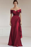 Maxi Grey Blue Off the Shoulder Sheath Ruched Satin Formal Dress