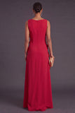 Hot Pink Floral Boat Neck A Line Long Formal Dress