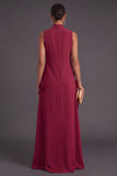 Blue Floral High Neck A Line Long Formal Dress
