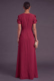 Blue Floral A Line Round Neck Long Formal Dress with Sleeves