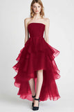 Navy Tulle Strapless A Line High Low Formal Dress with Ruffles
