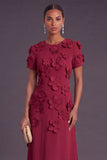 Blue Floral A Line Round Neck Long Formal Dress with Sleeves