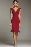 White Sleeveless V-Neck Bodycon Knee-Length Semi Formal Dress