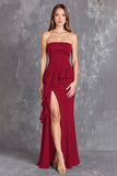 Black Sheath Satin Strapless Ruffled Maxi Formal Dress with Slit
