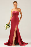 Dark Green Long Sheath Spaghetti Straps Bridesmaid Dress With Slit