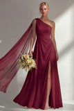 Burgundy One Shoulder Backless Ruched Long Bridesmaid Dress with Slit