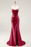 Sparkly Blush Strapless Mermaid Ruched Long Prom Dress with Slit