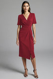 Royal Blue V-Neck Bodycon Midi Satin Work Dress with Sleeves