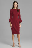 Navy Satin Midi Bodycon Work Dress with Long Sleeves