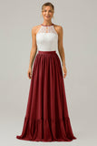 Eucalyptus A-Line Halter Pleated Keyhole Chiffon Bridesmaid Dress With Lace