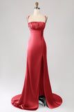 Dark Green Sheath Spaghetti Straps Long Prom Dress With Slit