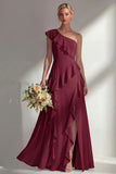 Light Pink One Shoulder Ruffled Long Bridesmaid Dress with Slit