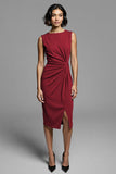 Grey Bodycon Ruched Satin Midi Work Dress with Slit