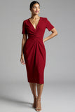 Champagne V-Neck Bodycon Midi Satin Work Dress with Sleeves