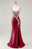 Sparkly Blush Corset Mermaid Sequins Maxi Prom Dress with Slit