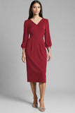 Royal Blue Satin Bodycon V-Neck Midi Work Dress with Sleeves