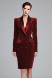 Red Peak Lapel Bodycon Velvet Double Breasted Short Blazer Dress