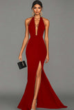 Dark Green Satin V-Neck Mermaid Long Formal Dress with Slit