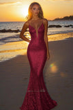 Sparkly Silver Spaghetti Straps Mermaid Sequined Formal Dress