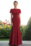 Ink Blue Short Sleeves Satin Sheath Long Mother of the Bride Dress