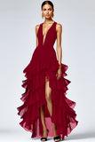 Black A Line Deep V-Neck Ruffled Long Formal Dress with Slit