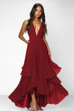 A Line Red V-Neck Ruffled Chiffon Long Formal Dress