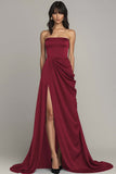 Black Strapless Satin Ruched A Line Maxi Formal Dress with Slit