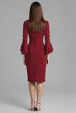 Navy Satin Midi Bodycon Work Dress with Long Sleeves
