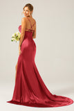 Dark Green Long Sheath Spaghetti Straps Bridesmaid Dress With Slit
