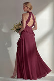 Butter Yellow Ruffled Halter Neck A Line Long Bridesmaid Dress with Slit