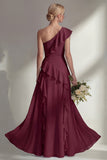 Light Pink One Shoulder Ruffled Long Bridesmaid Dress with Slit