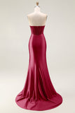 Sparkly Blush Strapless Mermaid Ruched Long Prom Dress with Slit