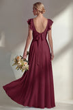A Line Round Neck Ruffled Dusty Blue Long Bridesmaid Dress